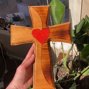 Two toned cross with red heart and glitter